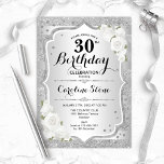30. Geburtstag - Silberstreifen Weiße Rosen Einladung<br><div class="desc">Einladung zum 30. Geburtstag. Elegantes Blumendesign in Silber und Weiß. Features Imitate Glitzer silberne Streifen,  weiße Rosen Stilskript-Schriftart und Konfetti. Ideal für eine gläserne Geburtstagsfeier.</div>
