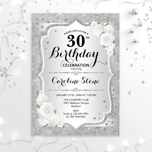 30. Geburtstag - Silberstreifen Weiße Rosen Einladung
