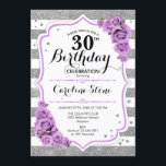 30. Geburtstag - Silberweiße Streifen Lila Rose Einladung<br><div class="desc">30. Geburtstag Einladung Elegantes silberfarbenes Lavendel lila Design mit Imitat Glitzer. Silberstreifen und weiße Streifen mit Rose. Ideal für eine elegante 30. Geburtstagsfeier.</div>