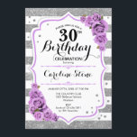 30. Geburtstag - Silberweiße Streifen Lila Rose Einladung<br><div class="desc">30. Geburtstag Einladung Elegantes silberfarbenes Lavendel lila Design mit Imitat Glitzer. Silberstreifen und weiße Streifen mit Rose. Ideal für eine elegante 30. Geburtstagsfeier.</div>