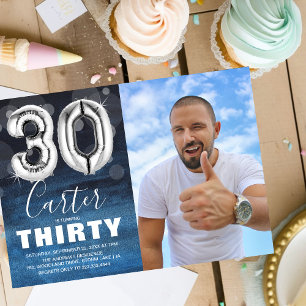 30 Geburtstag Silver Ballon   Blaues Foto Party Einladung