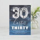 30 Geburtstag Silver Ballon | Blaues Party Einladung (Stehend Vorderseite)