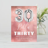 30 Geburtstag Silver Ballon | Giralrosa Party Einladung (Stehend Vorderseite)