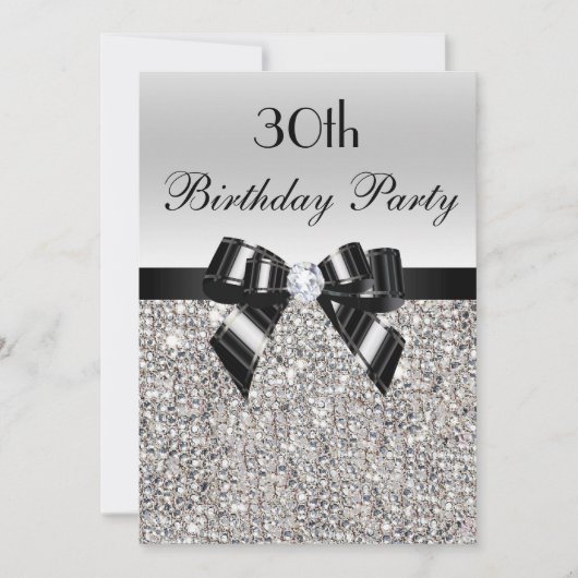 30. Geburtstag Silver Sequin Black Bow Diamond Einladung (Vorderseite)