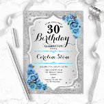 30. Geburtstag - Silver Stripes Icy Blue Rose Einladung<br><div class="desc">Einladung zum 30. Geburtstag. Elegantes Blumendesign in Silber und Eisblau. Imitate Glitzer silberne Streifen,  türkisfarbene Rose stilvolle Skript-Schriftart und Konfetti. Ideal für eine gläserne Geburtstagsfeier.</div>