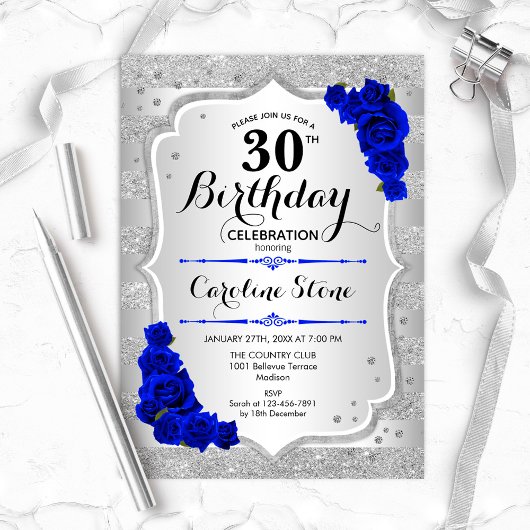 30. Geburtstag - Silver Stripes Royal Blue Rose Einladung