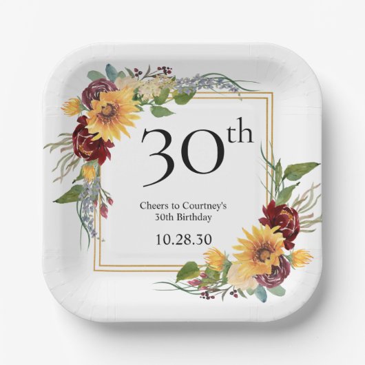 30. Geburtstag Sonnenblumen Pappteller (Vorderseite)