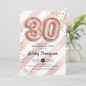 30. Geburtstag - Streifen Rose Goldballons Einladung (Stehend Vorderseite)
