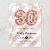 30. Geburtstag - Streifen Rose Goldballons Einladung (Vorne/Hinten)