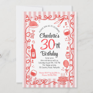 30. Geburtstag Wein und Essen handgezeichnet Einladung