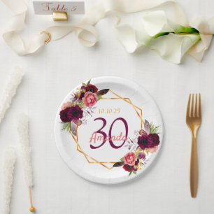 30. Geburtstag weißer Blumenburgund geometrisch Pappteller