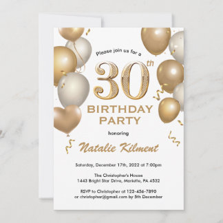 30. Geburtstag Weißer Glitzer und Goldballons Einladung