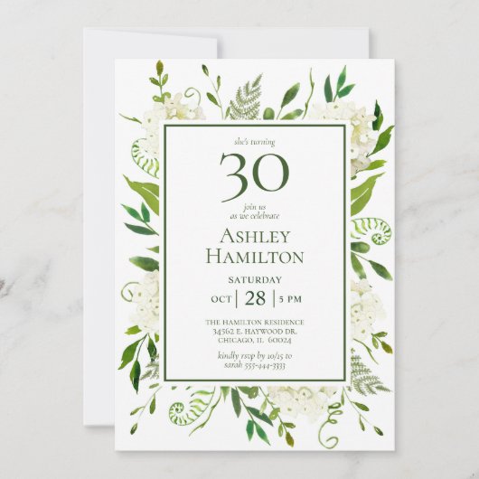 30. Geburtstag Weißer Hydrangeas Einladung (Vorderseite)