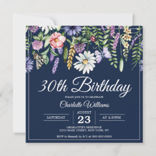 30. Geburtstag Wildblumen Navy Blue Woman Elegant Einladung