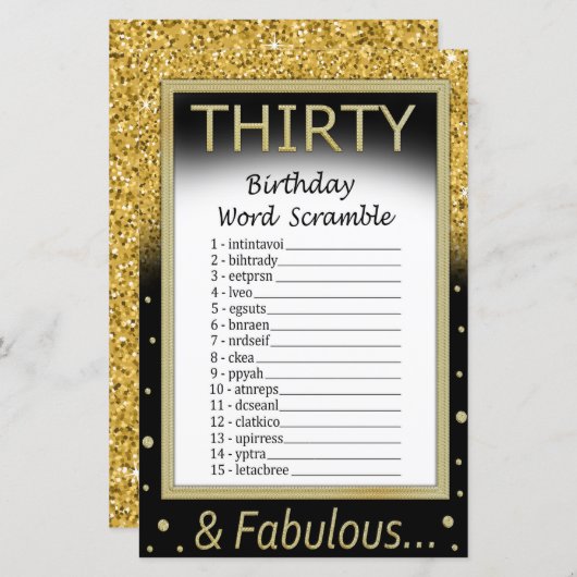30 Geburtstag Word Scramble Game (Vorne/Hinten)