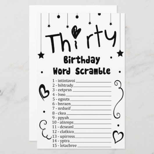 30 Geburtstag Word Scramble Game (Vorne/Hinten)