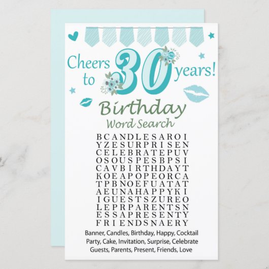 30. Geburtstag Word Search Game (Vorne/Hinten)