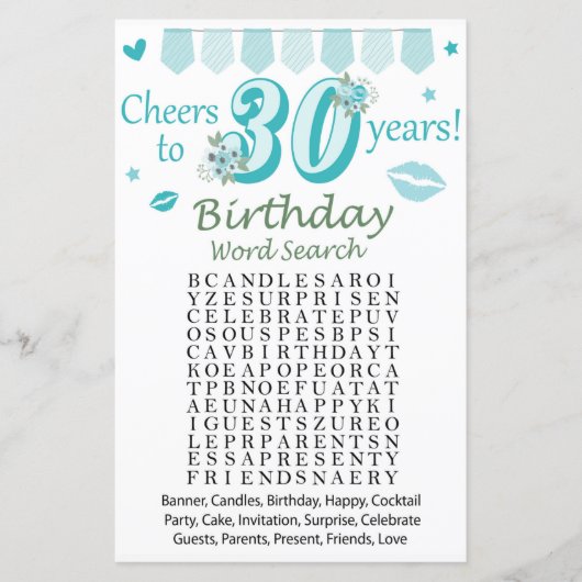 30. Geburtstag Word Search Game (Vorderseite)