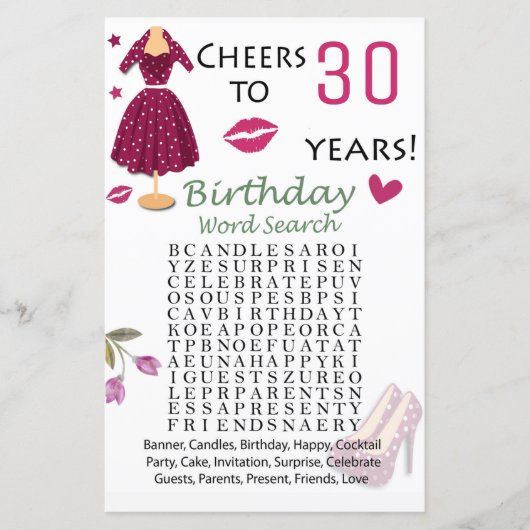 30. Geburtstag Word Search Game (Vorderseite)