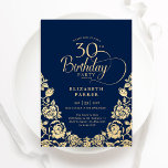 30. Geburtstags-Navy-Gold-Rose Einladung<br><div class="desc">Navy Gold elegant 30. Geburtstag Party Einladung. Klassisches Design mit Rose,  Imitaten Goldfolie und Typografie Script Schriftart. Die trendige Einladungskarte eignet sich perfekt für eine stilvolle Damenfeier. Personalisieren Sie Ihre persönlichen Daten. Kann für jedes Alter angepasst werden. Gedruckte Zazzle-Einladungen oder Sofortdownload digitaler Druckvorlage.</div>