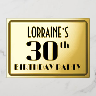 30. Geburtstagsfeier: Art Deco-Look „30“ und Name Folieneinladung