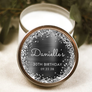 30. Geburtstagsfeier Holzkohlegrau Silber Glitter Runder Aufkleber