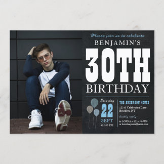 30. Geburtstagskarte Blue Balloon Rustikales Foto Einladung