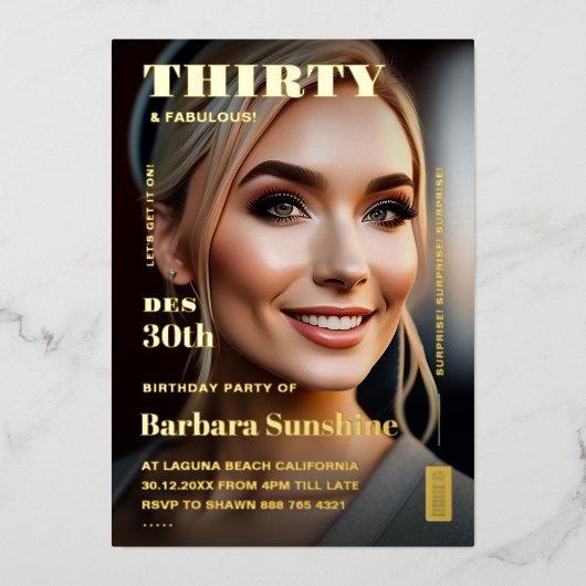 30. Geburtstagsmagazin Elegant Modern Gold Folieneinladung (Vorderseite)