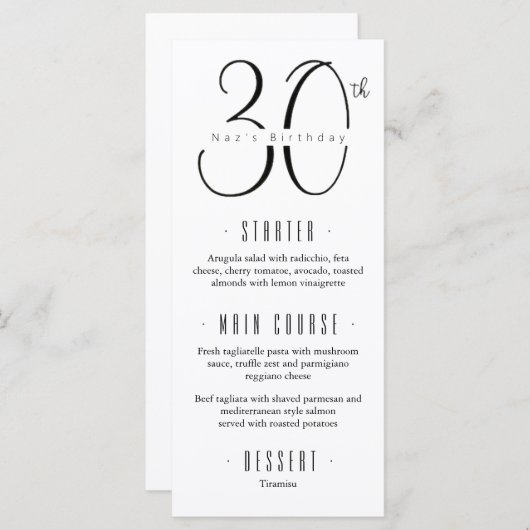 30. Geburtstagsmenü Menükarte (Vorne/Hinten)