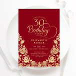 30. GeburtstagsRed Gold Rose Einladung<br><div class="desc">Rotes Gold elegant 30. Geburtstag Party Einladung. Klassisches Design mit Rose,  Imitaten Goldfolie und Typografie Script Schriftart. Die trendige Einladungskarte eignet sich perfekt für eine stilvolle Damenfeier. Personalisieren Sie Ihre persönlichen Daten. Kann für jedes Alter angepasst werden. Gedruckte Zazzle-Einladungen oder Sofortdownload digitaler Druckvorlage.</div>