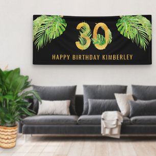 30. Geburtstagsschwarz und Gold Tropical Blätter Banner