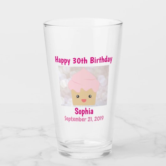30. Glück Geburtstag Niedlich Pink Cupcake Souveni Glas (Vorderseite)