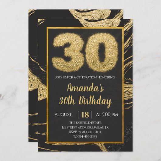 30. Golden Black Marble Geburtstag Einladung (Vorne/Hinten)