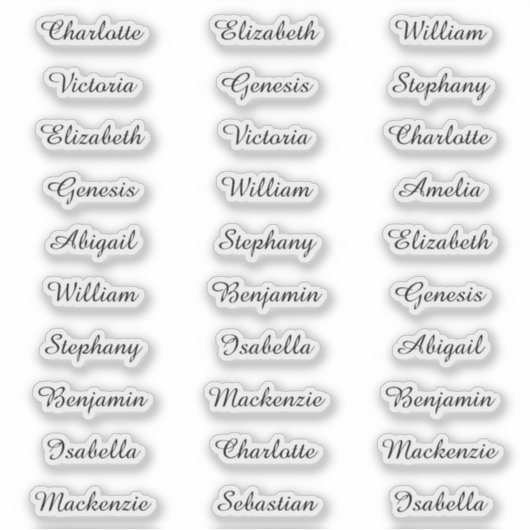 30 Guest First Names Modern Elegant Calligraphy Aufkleber (Vorderseite)
