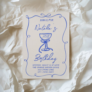 30. Hand Drawn Blue Bow Martini Doddle Geburtstag Einladung