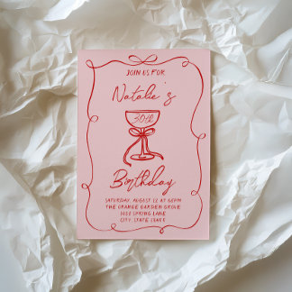 30. Hand Drawn Red Bow Martini Geburtstag dreißig Einladung