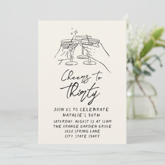 30. Hand gezogen Anklang an dreißig Retro Geburtst Einladung (Stehend Vorderseite)