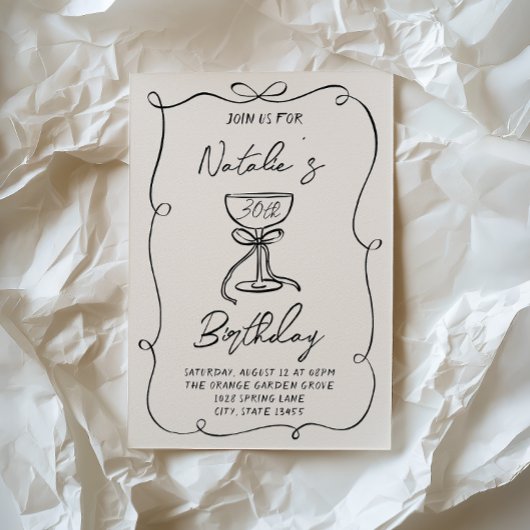 30. Handgezeichneter Schwarz & Weiß Bow Martini Ge Einladung