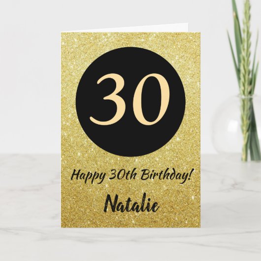 30. Happy Birthday Black and Gold Glitzer Card Karte (Vorderseite)