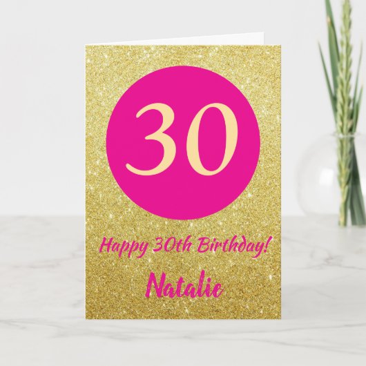 30. Happy Birthday Hot Pink und Gold Glitzer Karte (Vorderseite)