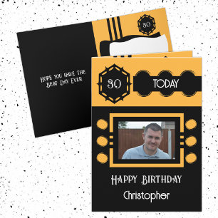 30 heute Foto Name schwarz orange Geburtstag Karte