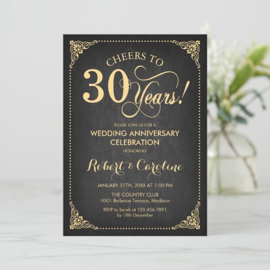 30. Hochzeitstag - Chalkboard Gold Einladung (Stehend Vorderseite)