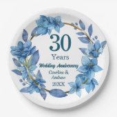 30. Hochzeitstag mit blauen Blumen und Perlen Pappteller (Vorderseite)