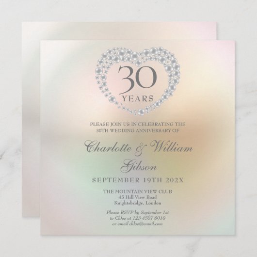 30. Hochzeitstag Pearl Heart Square Einladung (Vorne/Hinten)