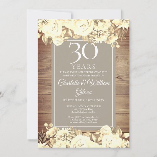 30. Hochzeitstag Rustikale Rose Einladung (Vorderseite)