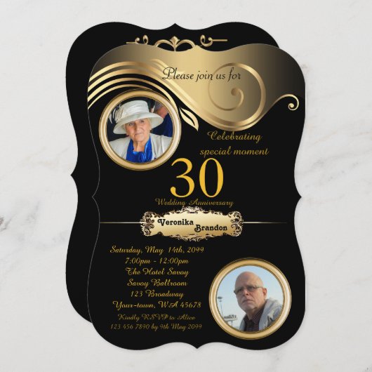 30., Jubiläum Hochzeit, Art Deko, Schwarzgold Einladung (Vorne/Hinten)