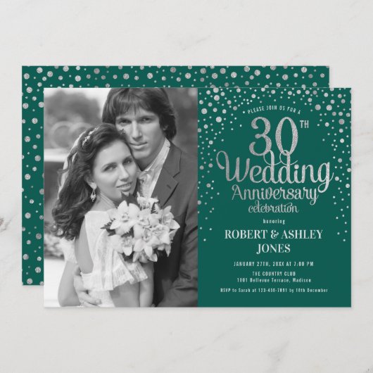 30. Jubiläum - Smaragdgrünes Silber-Foto Einladung (Vorne/Hinten)