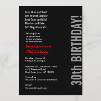 30. Modern Modern Birthday Schwarz-weiß Red Templa Einladung