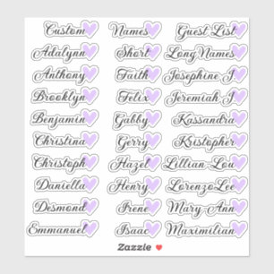 30 Namen Custom Guest List Calligraphy Lilac Heart Aufkleber