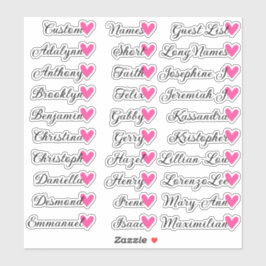 30 Namen Custom Guest List Calligraphy Pink Heart Aufkleber
